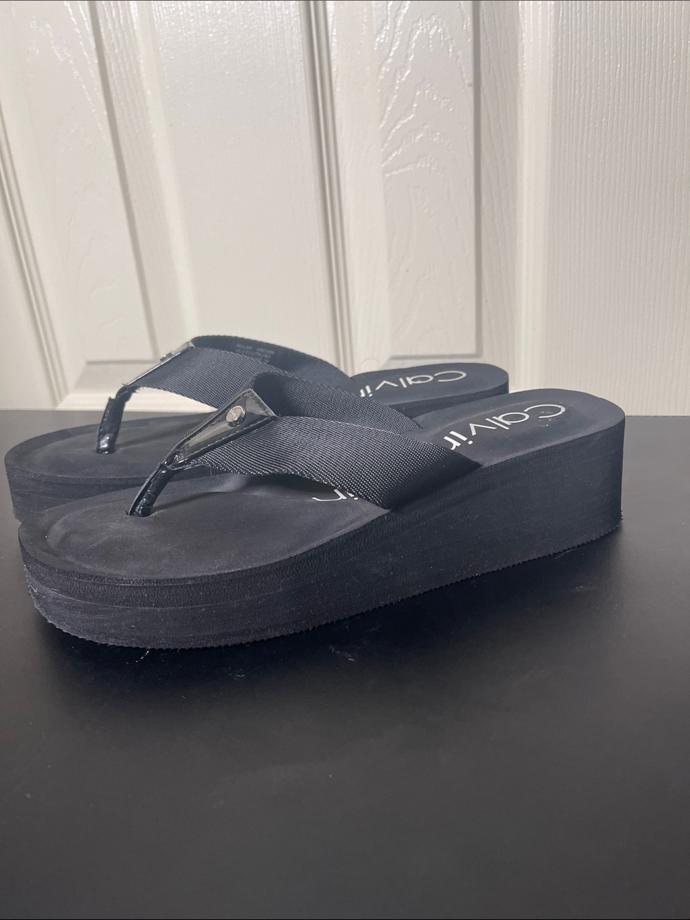 Calvin Klein Black Platform Thong Sandals with Wide Fabric Straps